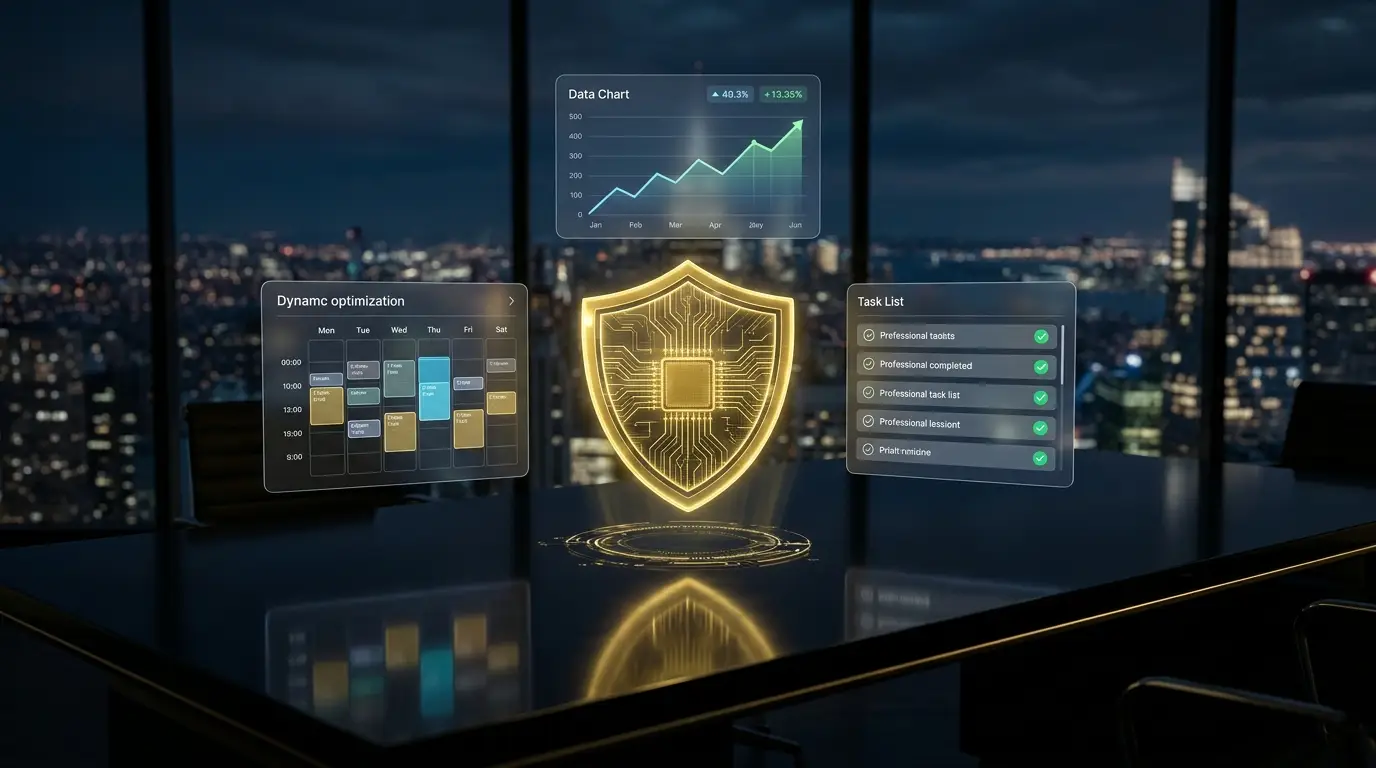 Strategic executive operations visualization with a golden holographic shield on a dark desk.