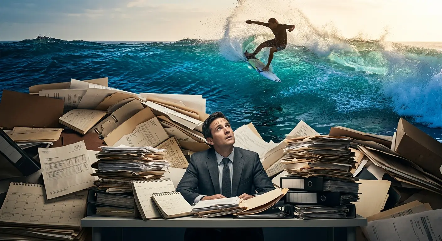 A powerful composite image contrasting the chaos of being buried in paperwork with the strategic freedom of surfing a monster wave.
