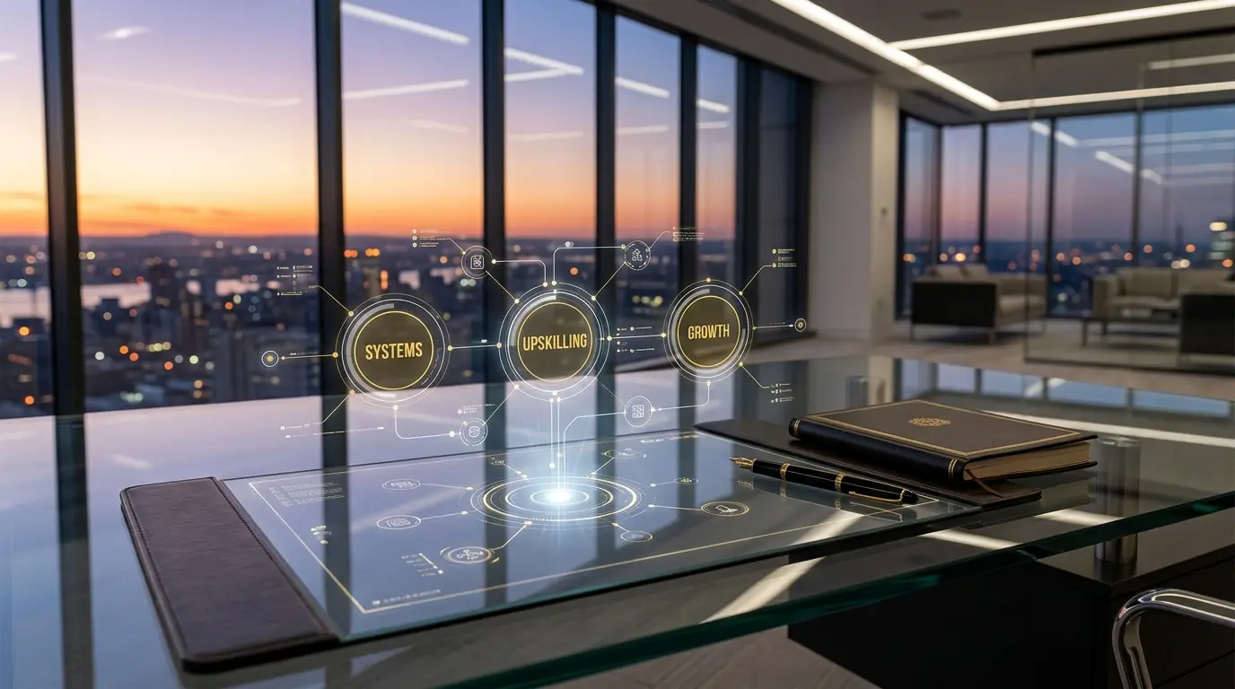 Modern executive strategic ecosystem visualization with holographic nodes on a glass desk.