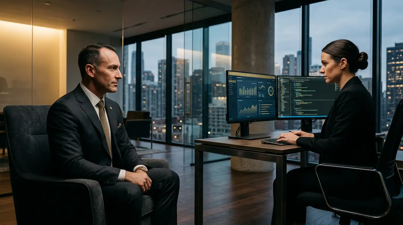 Andy Crane observing an elite operator in a high-stakes, luxury office environment, symbolizing the first-client vetting process.