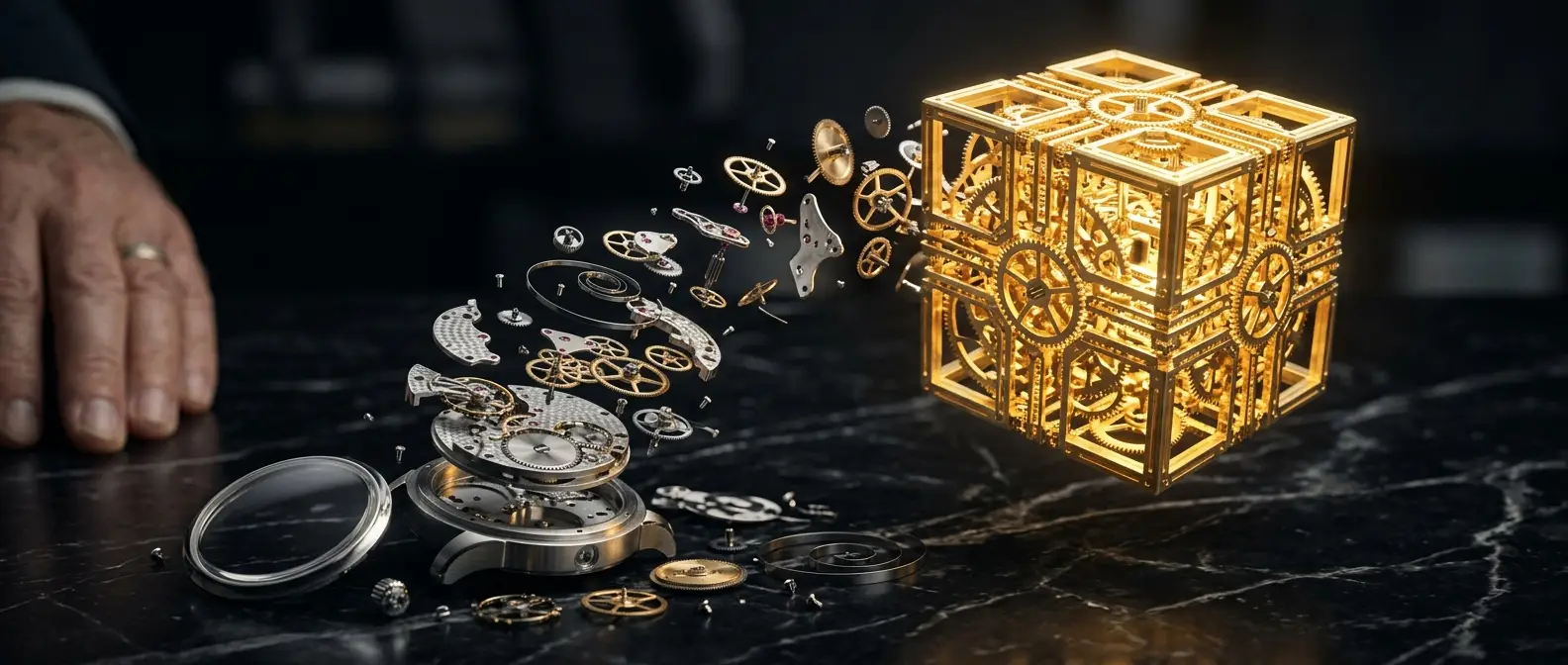 A conceptual executive composition showing watch components assembling into a golden architectural grid, representing the transition from chaos to systemic order.