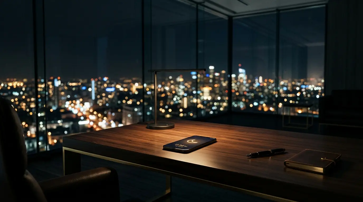 A minimalist executive desk with a glowing smartphone in Do Not Disturb mode
