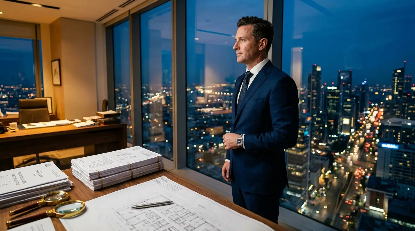 A professional founder in a dark office, choosing the city horizon over a desk full of detailed project plans and magnifying glasses.